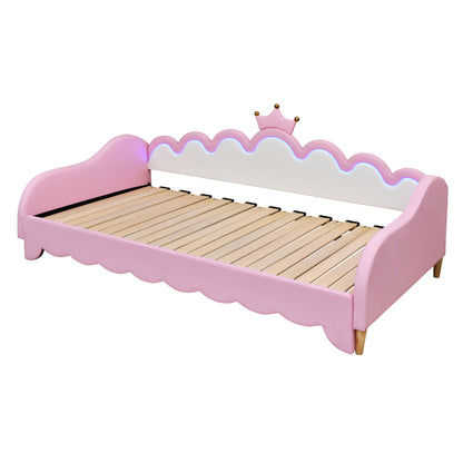 Twin Extending Daybed With LED Lights, Modern Upholstered Princess Daybed With Crown Headboard - Pink
