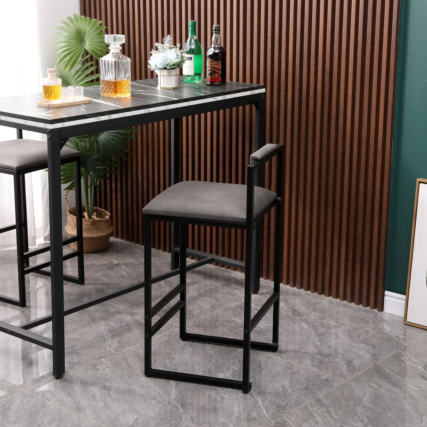 Modern Armless Metal Legs Kitchen Island Stools With Back Upholstered Chairs 2 Piece Set - Gray