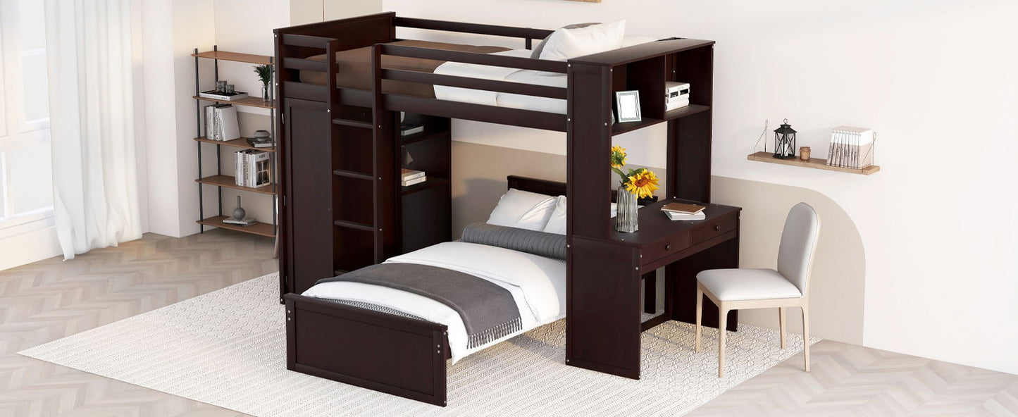 Twin Size Loft Bed With A Stand Alone Bed, Shelves, Desk, And Wardrobe - Espresso