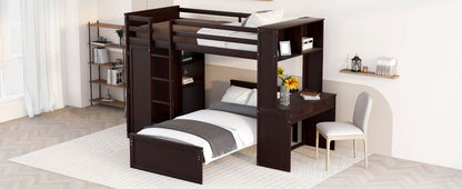Twin Size Loft Bed With A Stand Alone Bed, Shelves, Desk, And Wardrobe - Espresso