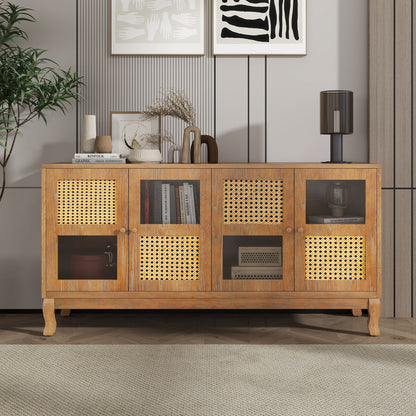 Retro 4 Door Sideboard With Large Storage Space, Artificial Rattan Doors - Transparent Glass - Antique Brown