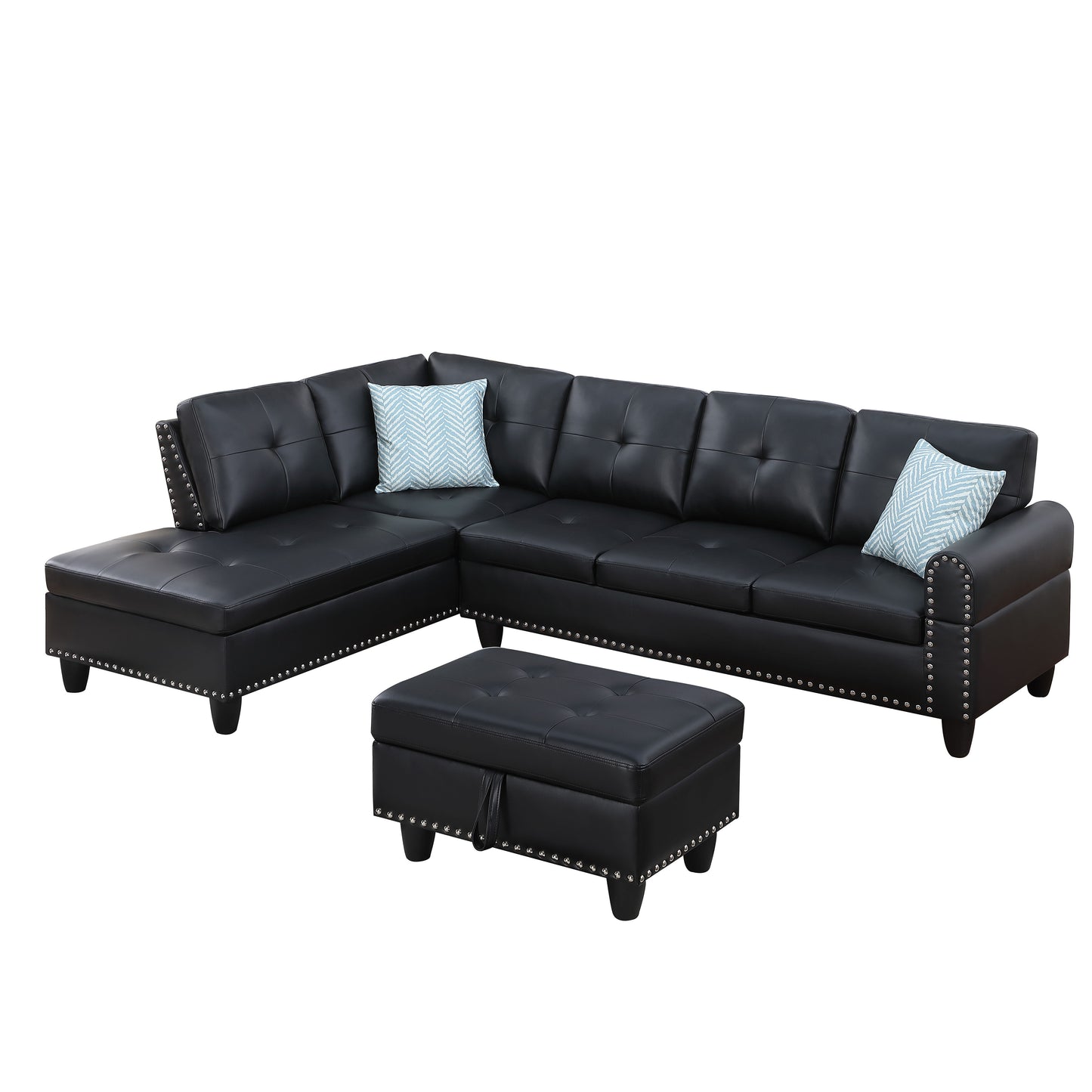 Irine - Faux Leather Sectional Sofa With Ottoman - Black