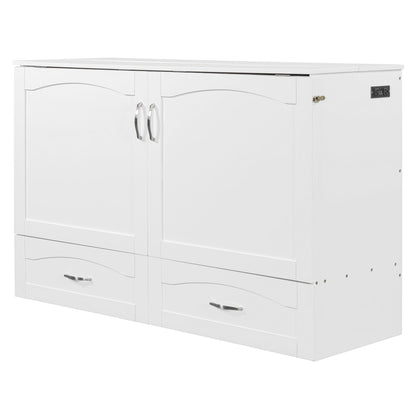 Queen Size Murphy Wall Bed With Drawer And A Set Of Sockets & USB Ports, Pulley Structure Design - White