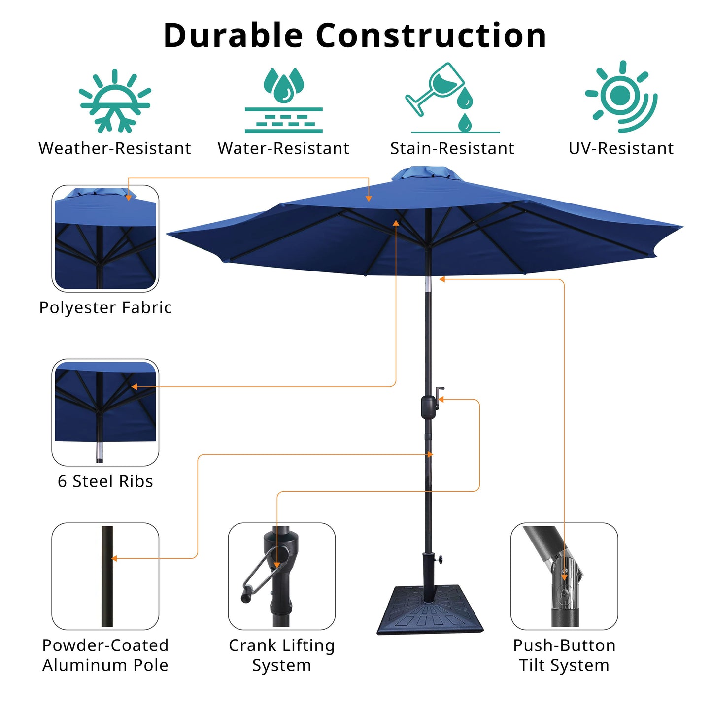 8.8' Outdoor Aluminum Patio Umbrella, Patio Umbrella, Market Umbrella With 42 Pound Square Resin Umbrella Base, Push Button Tilt And Crank Lift - Navy Blue