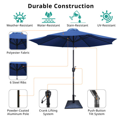 8.8' Outdoor Aluminum Patio Umbrella, Patio Umbrella, Market Umbrella With 42 Pound Square Resin Umbrella Base, Push Button Tilt And Crank Lift - Navy Blue