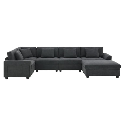 U Shaped Sectional Sofa 6 Seat Couch Set With Oversized Ottoman, Hidden Armrest Storage And Cup Holders USB Charging Ports Wide Seat Sofa - Black