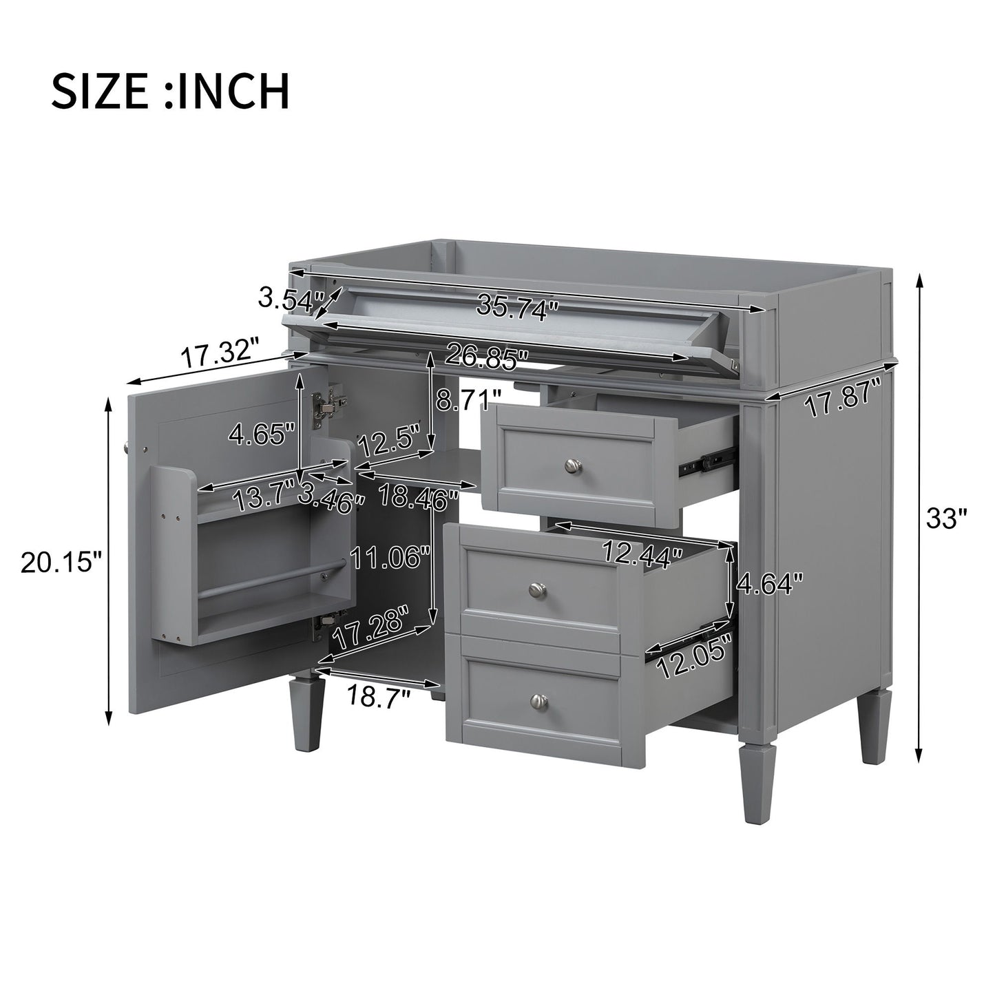 Bathroom Vanity Without Top Sink, Modern Bathroom Storage Cabinet With 2 Drawers And A Tip-Out Drawer, Frame (Not Include Basin Sink) - Gray