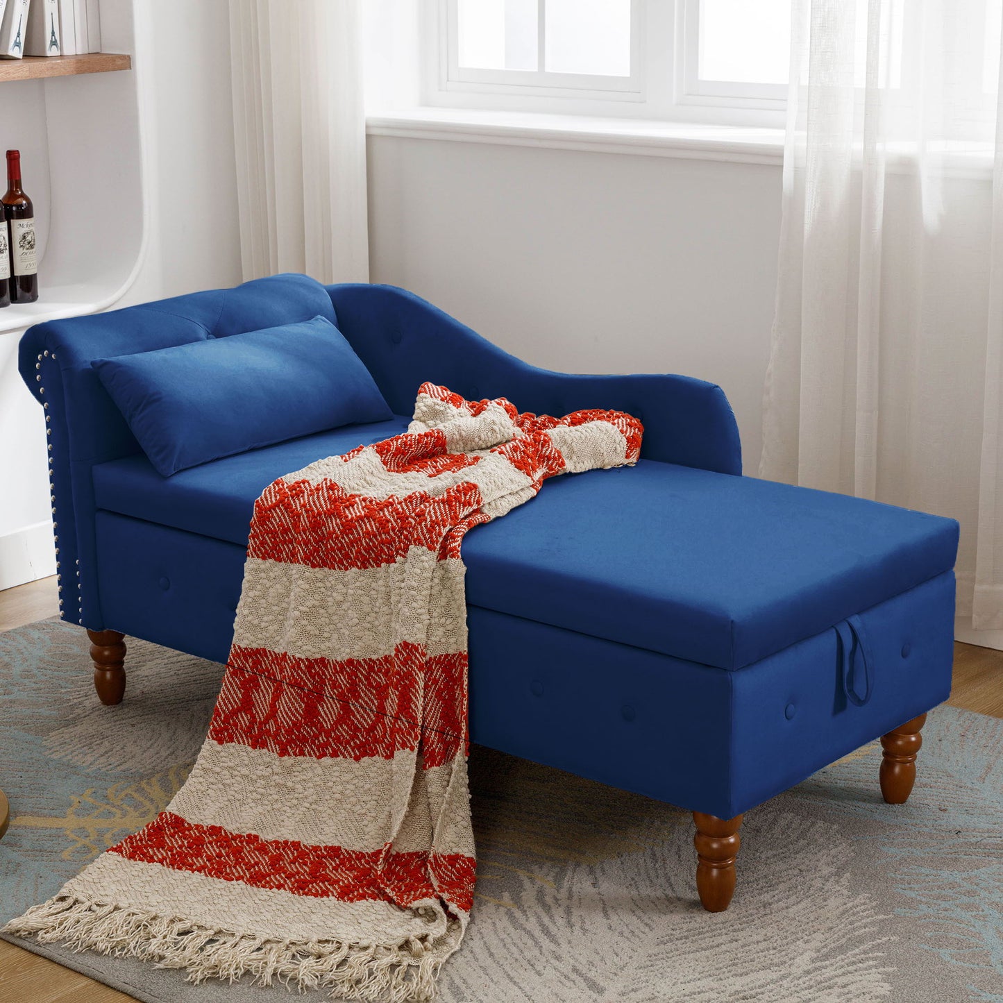 Chaise Lounge Indoor, Velvet Lounge Chair For Bedroom With Storage & Pillow, Modern Upholstered Rolled Arm Chase Lounge For Sleeping With Nailhead Trim For Living Room Bedroom Office - Navy Blue
