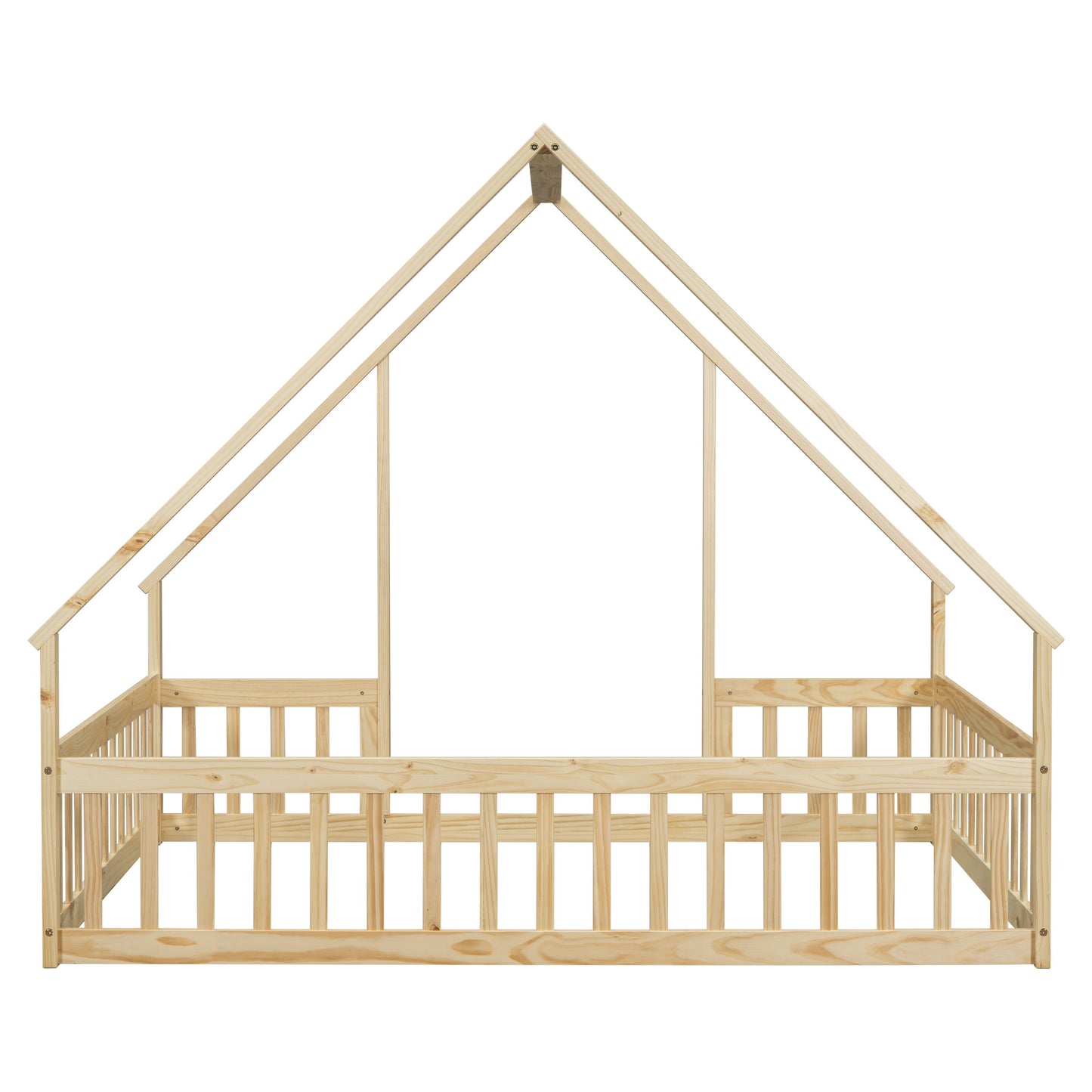 Full Wood House-Shaped Floor Bed With Fence, Guardrails - Natural