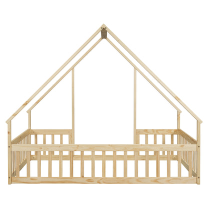 Full Wood House-Shaped Floor Bed With Fence, Guardrails - Natural