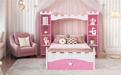 Castle Shaped Bed With Storage Shelf, Dreamy Twin Size Platform Bed For Kids Bedroom - Pink / White