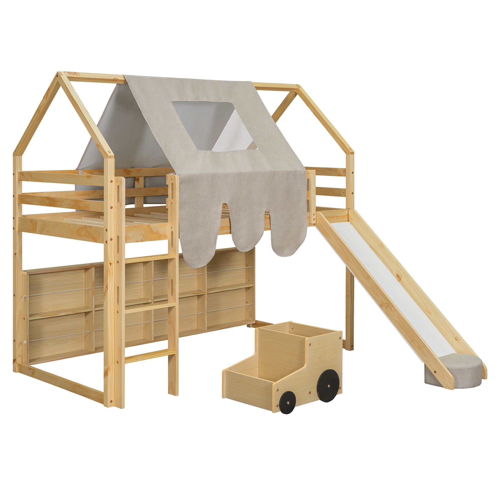 Twin Size Loft Bed With House Shaped Frame And Tent - Natural / Beige