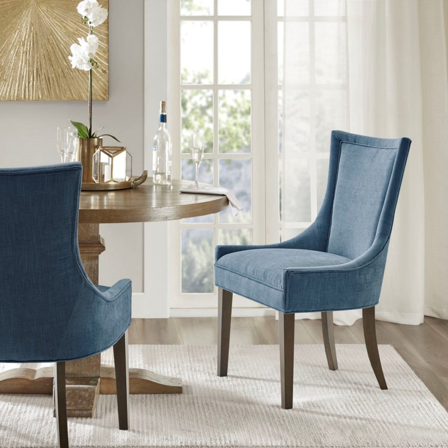 Dining Side Chair, High Back Upholstered Multi-Hued Fabric (Set of 2) - Blue