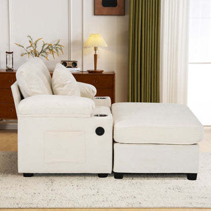 Modern Oversized Chair With Ottoman, Chenille Fabric Sofa Bed, Accent Chair Comfy Sofa With Cupholders And USB Charging Ports Chair For Living Room, Bedroom, Apartment - Beige