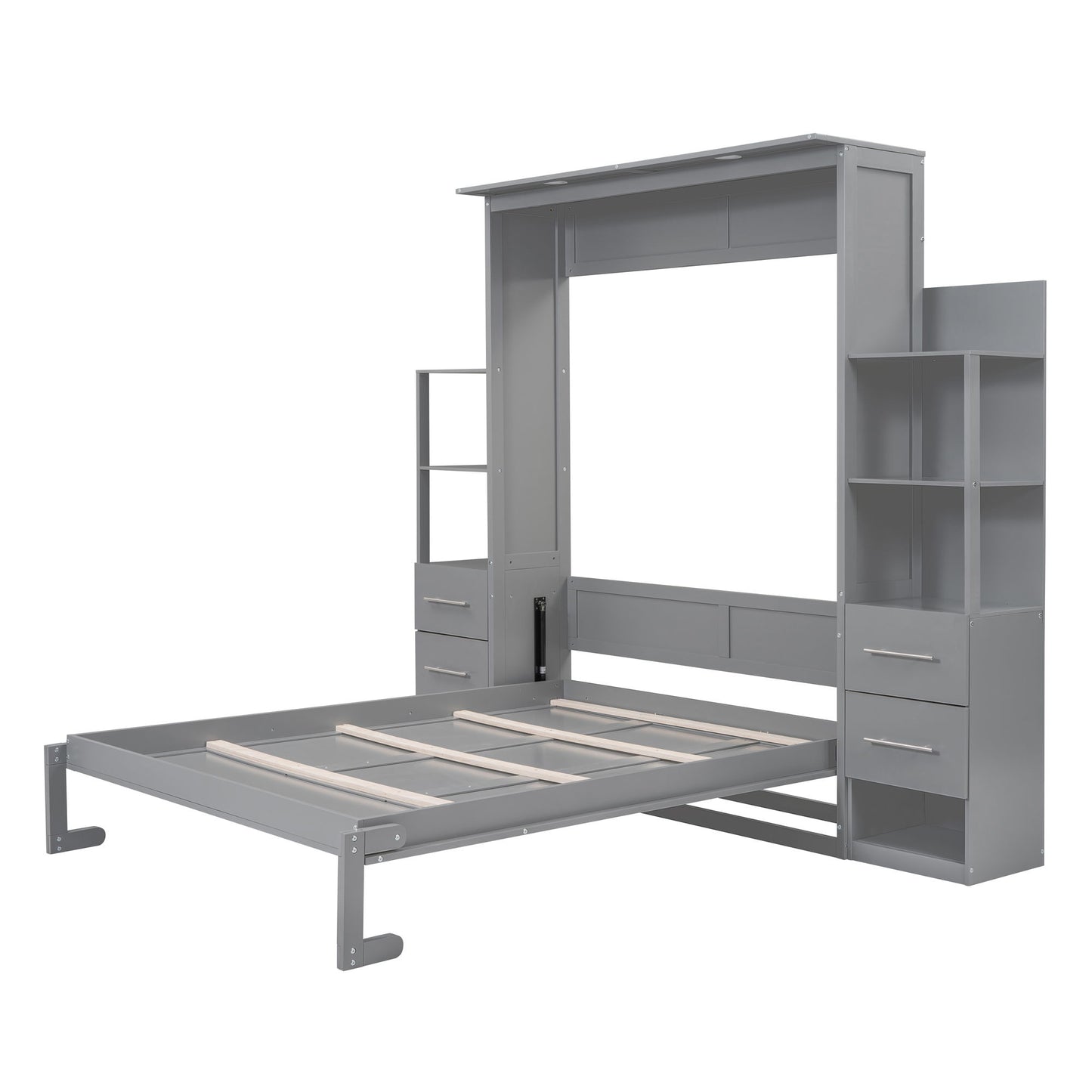 Queen Size Murphy Wall Bed With Shelves, Drawers And LED Lights - Gray