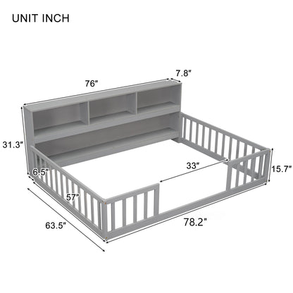 Full Floor Bed With Side Bookcase, Shelves, Guardrails - Gray