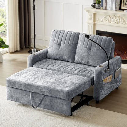 Modern Loveseat Pull Out Sofa Bed With Adjustable Backrest, Two Cup Holders, A Phone Holder, Three Charging Ports And Side Storage Pockets For Living Room - Gray