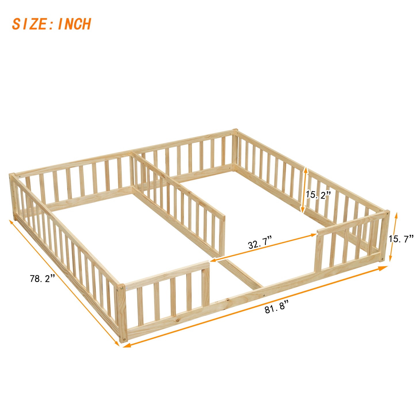 Double Twin Floor Bed With Fence, Guardrails, Without Door - Natural