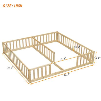 Double Twin Floor Bed With Fence, Guardrails, Without Door - Natural