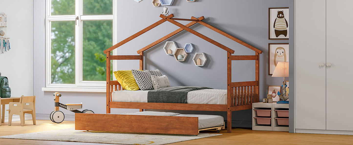 Twin Size House Bed With Twin Size Trundle - Walnut