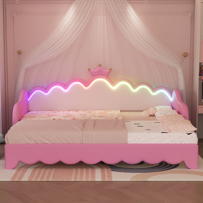 Twin Extending Daybed With LED Lights, Modern Upholstered Princess Daybed With Crown Headboard - Pink