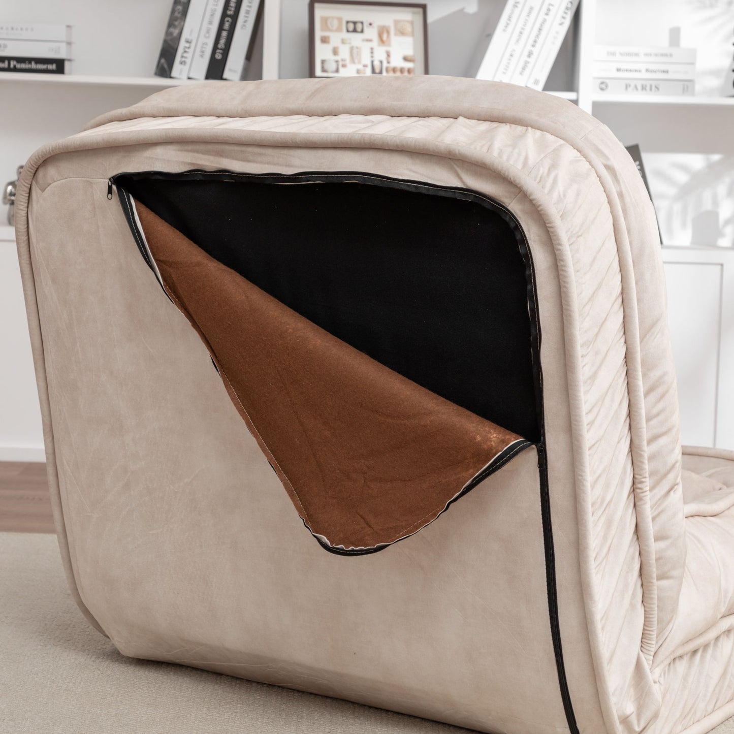 Upholstered Human Dog Bed And Pets Bean Bag Floor Sofa With Massage Pillow, 5 Adjustable Positions & 2 Soft Pillows, Velvet With Foam And Iron Plastic Frame - Beige