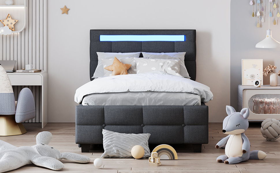 Twin Size Upholstered Platform Bed With LED Frame And 2 Drawers - Gray