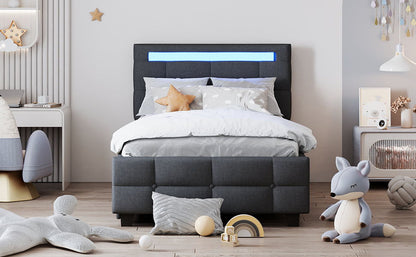 Twin Size Upholstered Platform Bed With LED Frame And 2 Drawers - Gray