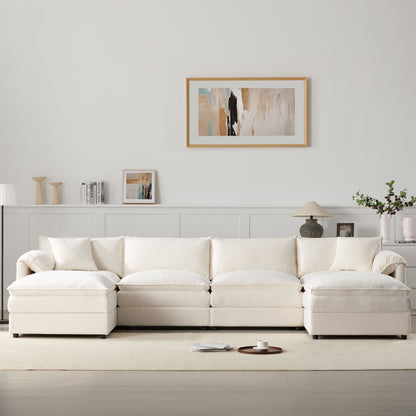 Modular Sectional With Deep And Wide Seat, U Shaped Cloud Couch Set With Double Cushions 6 Seat Sofa With Movable Ottomans Oversized - Cream