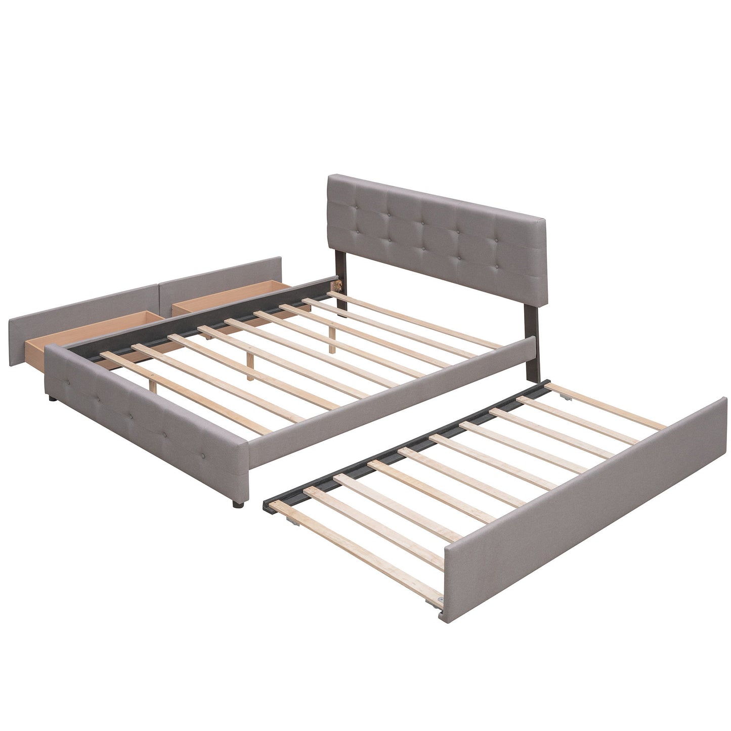 Queen Size Upholstered Platform Bed With 2 Drawers And 1 Twin Long Trundle - Light Gray