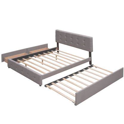 Queen Size Upholstered Platform Bed With 2 Drawers And 1 Twin Long Trundle - Light Gray
