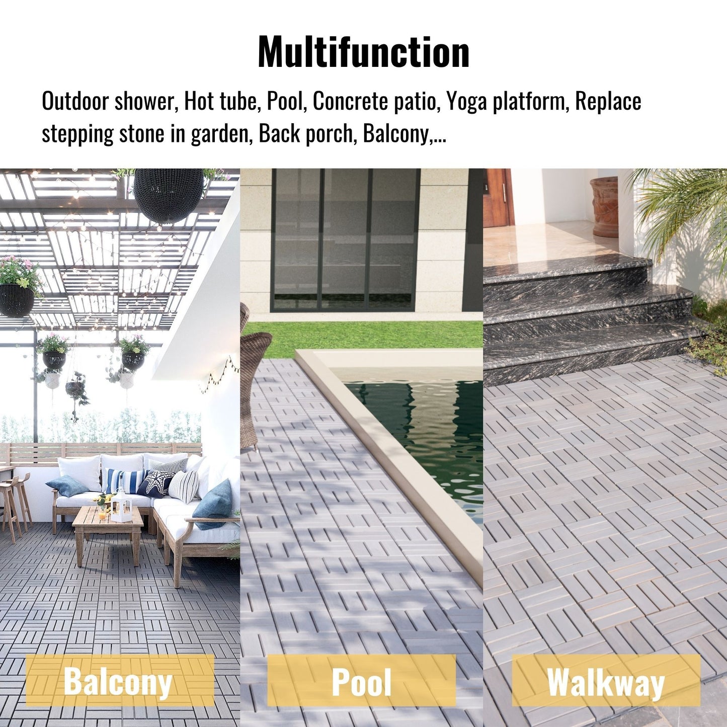 10 Piece Interlocking Deck Tiles Checker Pattern, Square Acacia Hardwood Outdoor Flooring For Patio, Bancony, Pool Side - Light Gray