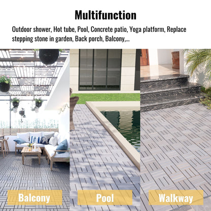 10 Piece Interlocking Deck Tiles Checker Pattern, Square Acacia Hardwood Outdoor Flooring For Patio, Bancony, Pool Side - Light Gray