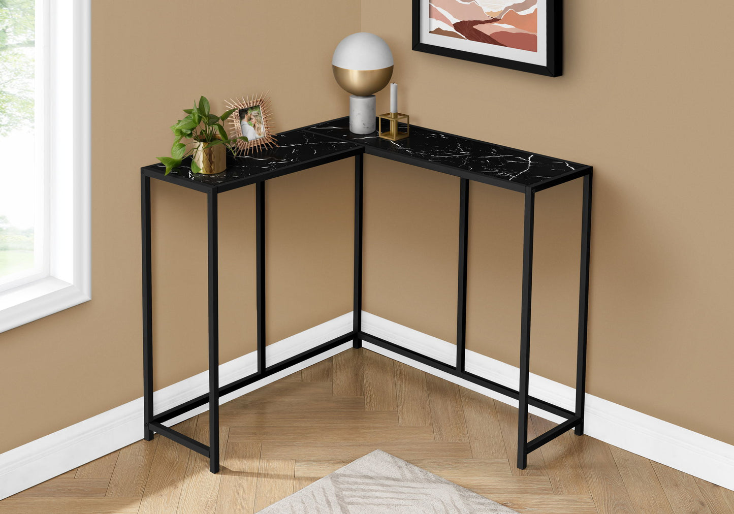Corner Accent Console Table For Entryway, Marble Look Contemporary & Modern - Black
