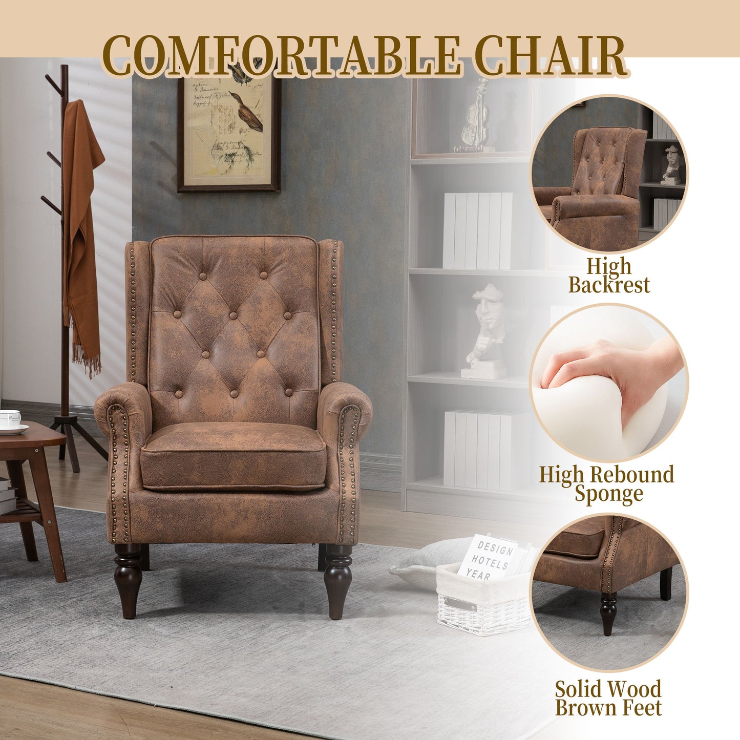 Modern Wood Frame Armchair With Sturdy Wood Legs And Microsuede Upholstery For Living Room