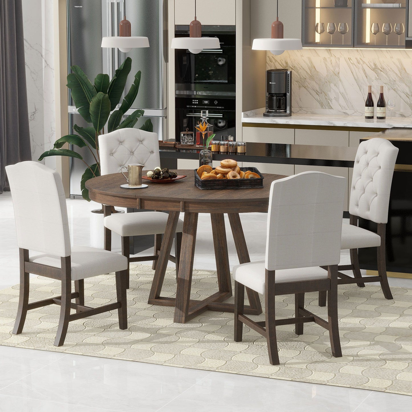 5 Piece Retro Functional Dining Set, Round Table With Leaf And 4 Upholstered Chairs For Dining Room And Living Room - Walnut