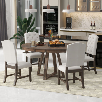5 Piece Retro Functional Dining Set, Round Table With Leaf And 4 Upholstered Chairs For Dining Room And Living Room - Walnut