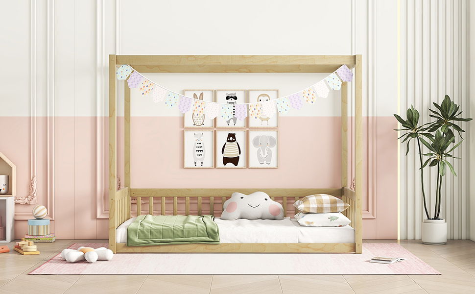 Twin Size Canopy Frame Floor Bed With Fence, Guardrails - Natural