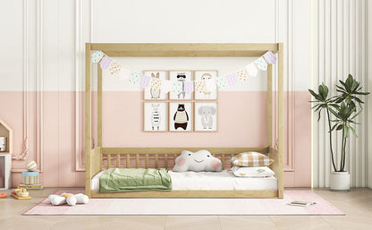 Twin Size Canopy Frame Floor Bed With Fence, Guardrails - Natural