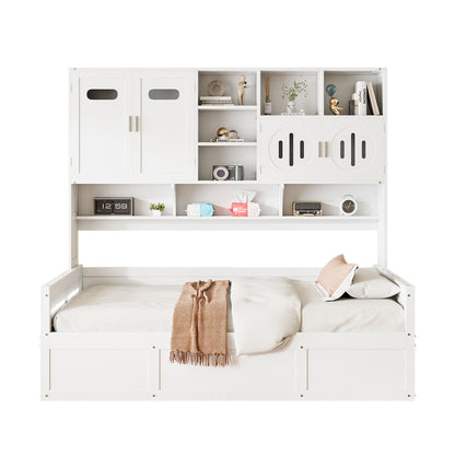 Twin Size Wooden Daybed With Hydraulic Bed And All In One Cabinet And Shelf - White