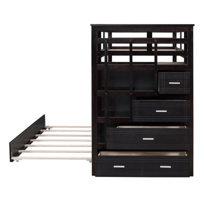 Twin Over Twin Bunk Bed With Trundle And Staircase - Espresso