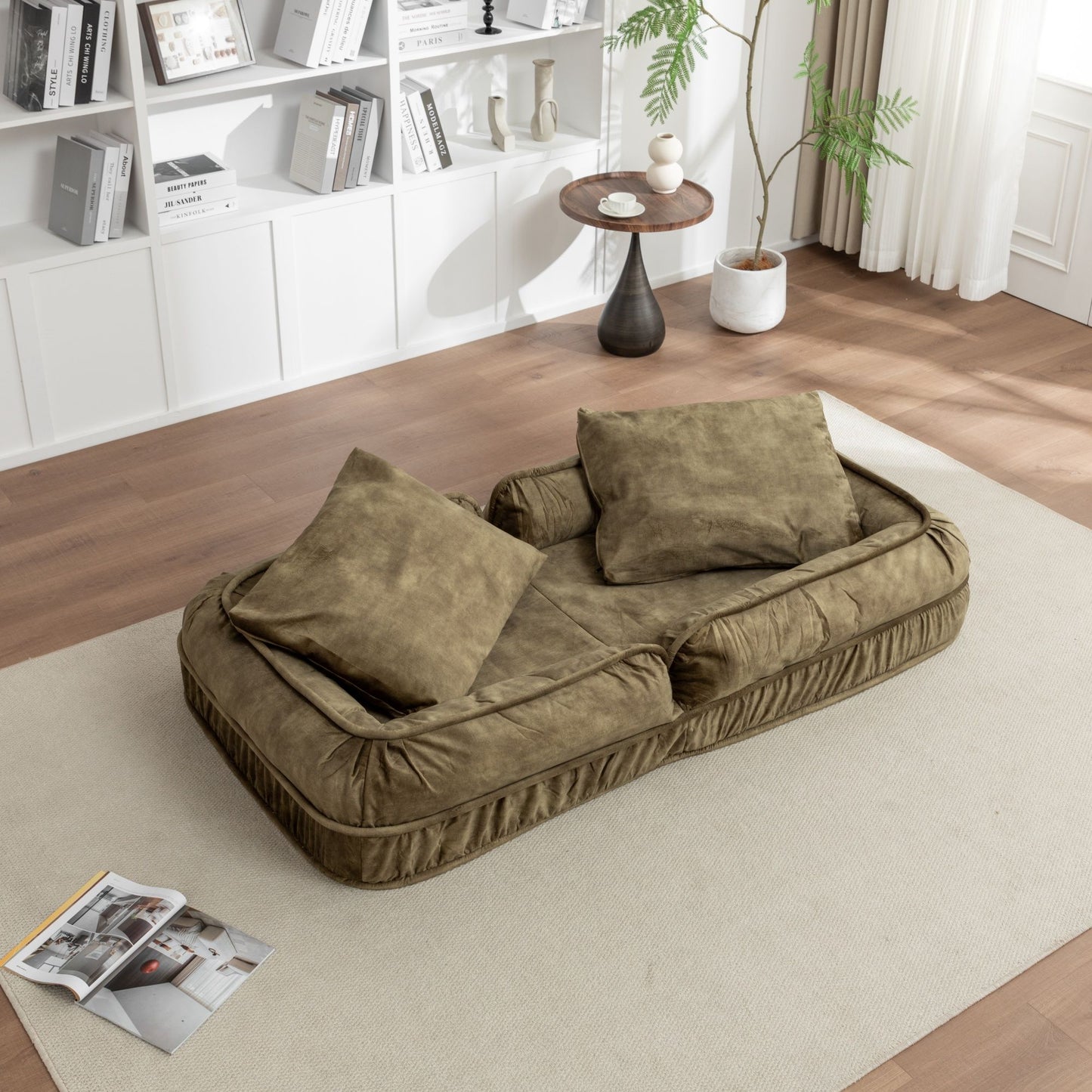 Upholstered Human Dog Bed And Pets Bean Bag Floor Sofa With Massage Pillow, 5 Adjustable Positions & 2 Soft Pillows Velvet With Foam And Iron Plastic Frame - Green
