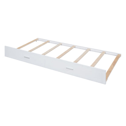 Full Over Full Bunk Bed With Twin Size Trundle And Staircase - White
