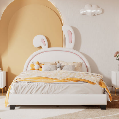 Full Size Upholstered Leather Platform Bed With Rabbit Ornament - White