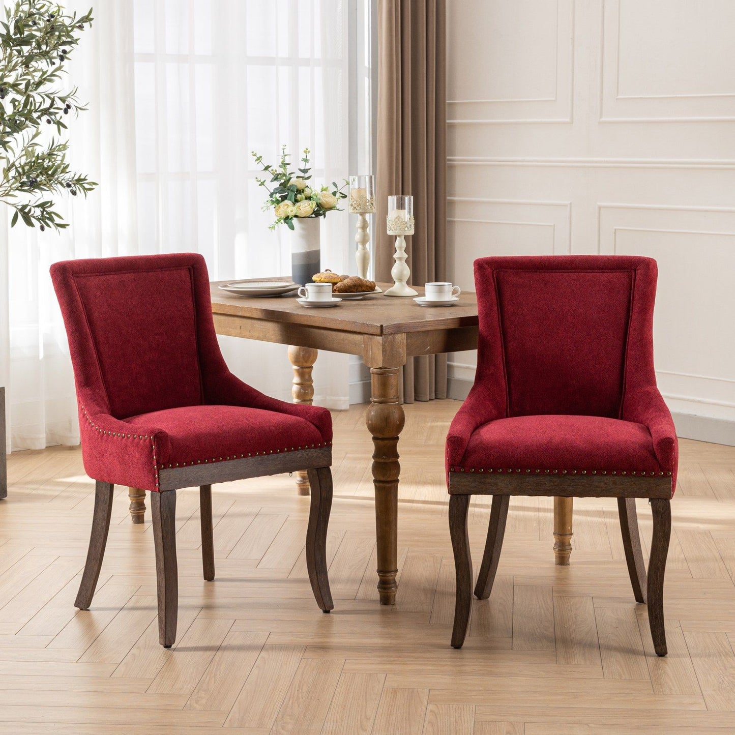 Ultra Side Dining Chair, Thickened Fabric Chairs With Neutrally Toned Solid Wood Legs, Bronze Nail Head (Set of 2) - Wine Red / Burgundy