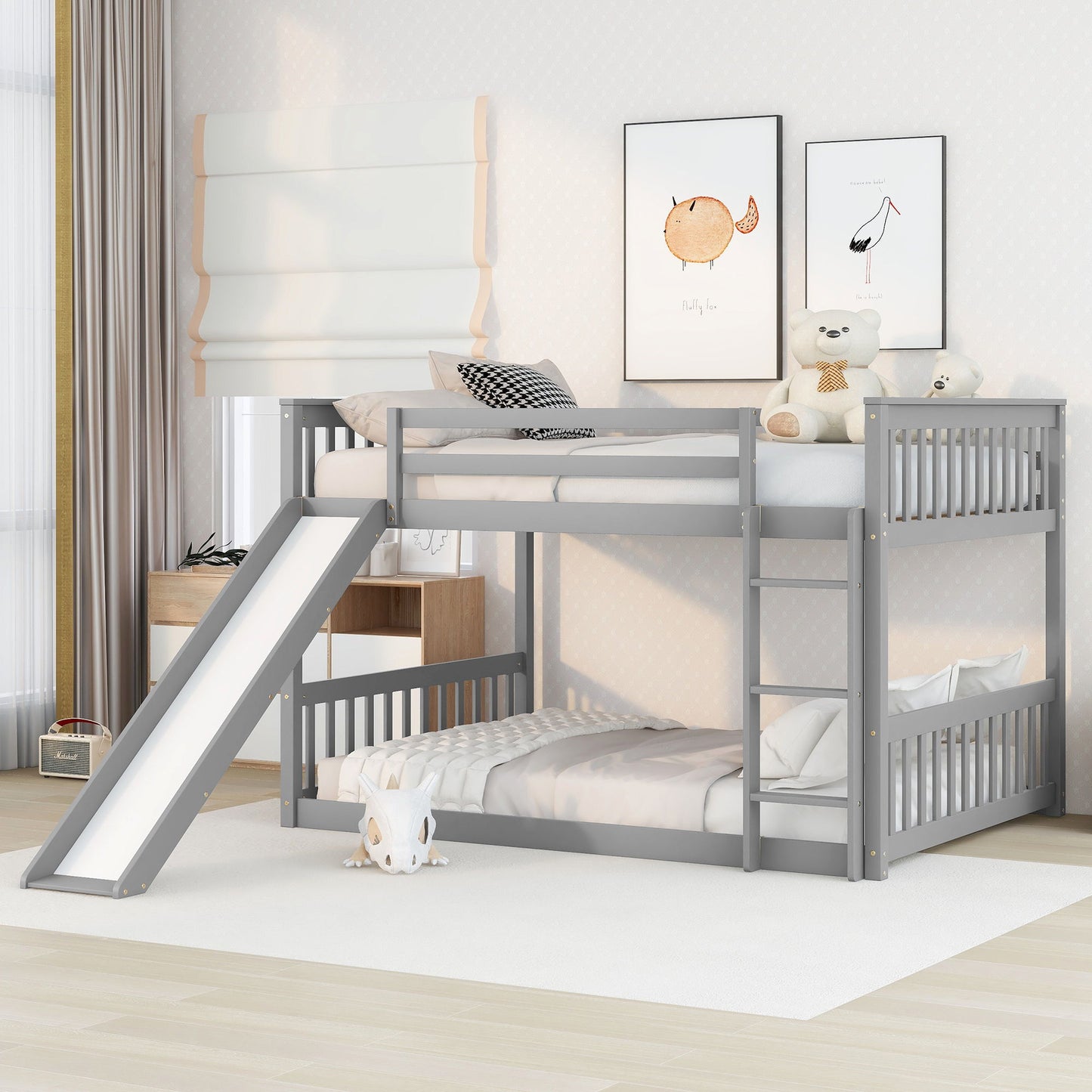 Full Over Full Bunk Bed With Slide And Ladder - Gray