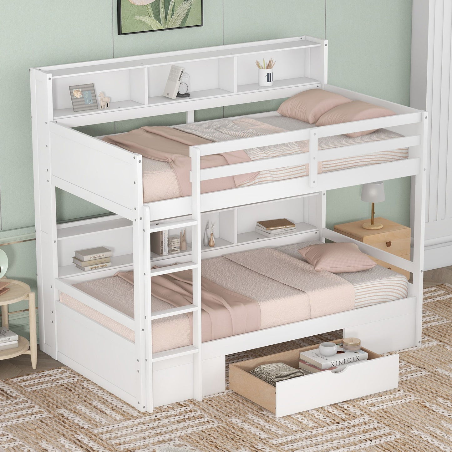 Twin Size Bunk Bed With Built-In Shelves Beside Both Upper And Down Bed And Storage Drawer - White