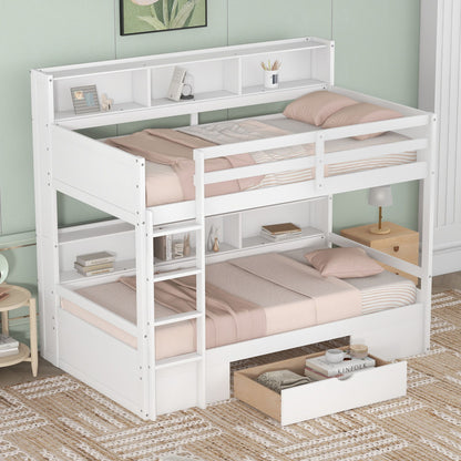 Twin Size Bunk Bed With Built-In Shelves Beside Both Upper And Down Bed And Storage Drawer - White