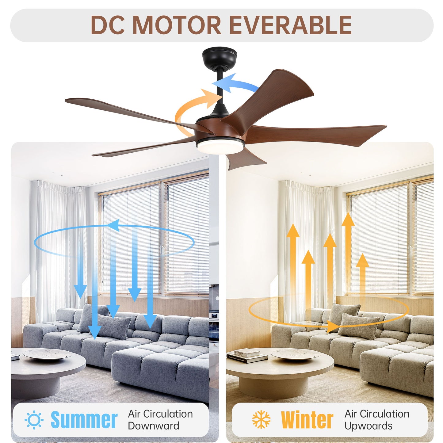 Modern Ceiling Fan With 3 Color Dimmable 5 ABS Blades Remote Control Reversible DC Motor With LED Light - Black