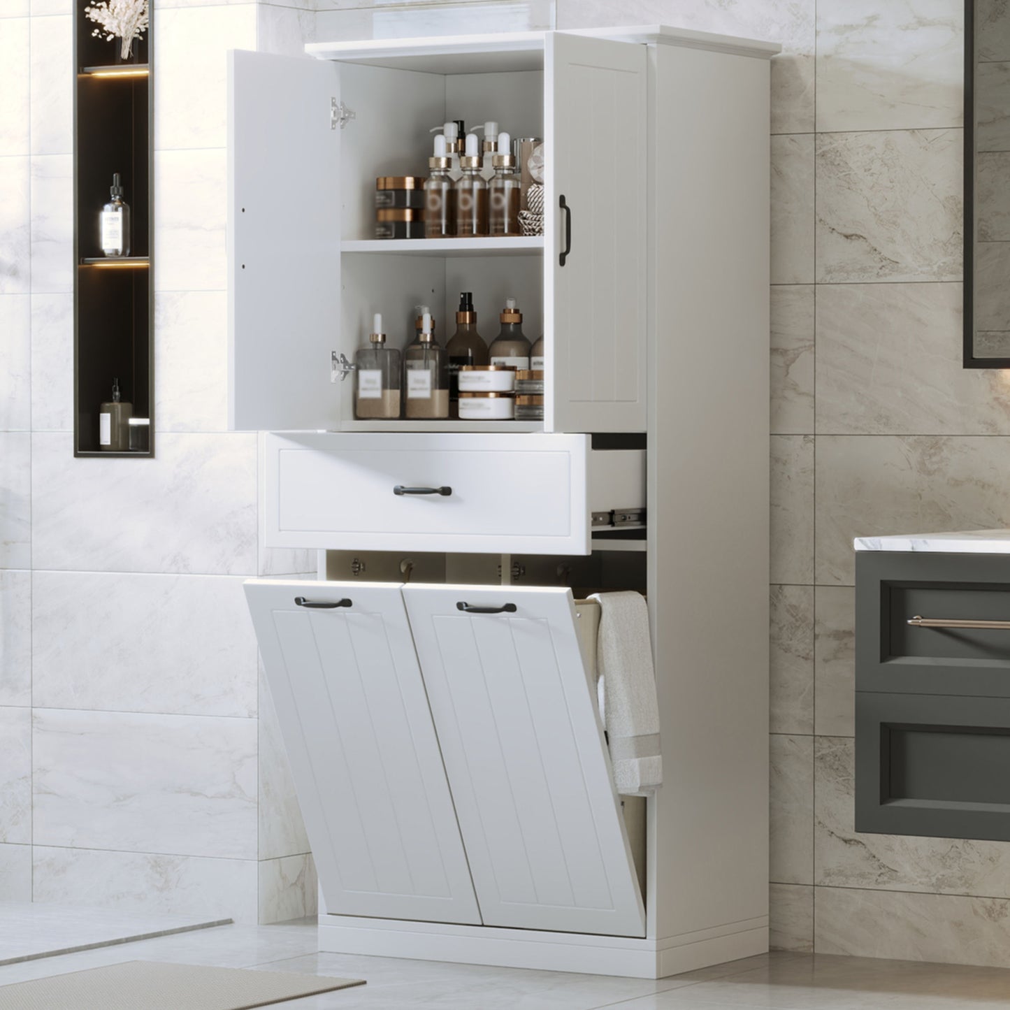 Modern Bathroom Storage Cabinet With 2 Laundry Baskets, 1 Drawer, Adjustable Shelf - White